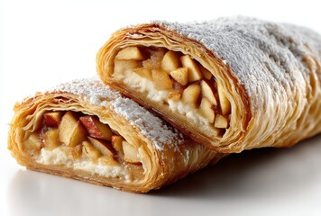 Freshly Baked Apple Pastry with Cream Cheese Filling and Light Dusting of Powdered Sugar on a White Background
