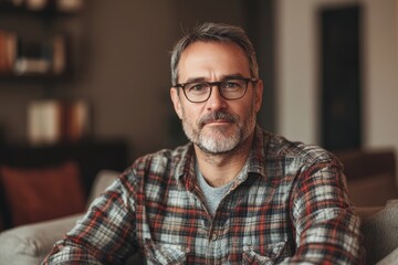 portrait man 55 years old in brown plaid T-shirt with eyeglasses at home background, men's health