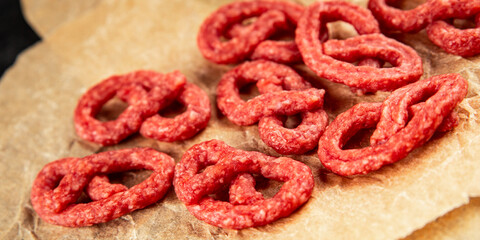 Salami snack mold brezel sausage mini fresh delicious gourmet food background on the table rustic food top view copy space