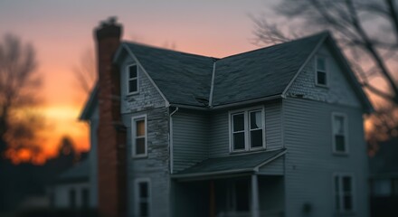 Old weathered house at sunset, capturing rustic charm with a touch of mystery, evokes feelings of nostalgia in a peaceful atmosphere.