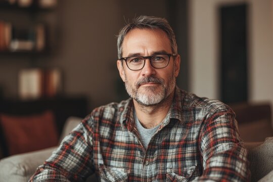 portrait man 55 years old in brown plaid T-shirt with eyeglasses at home background, men's health
