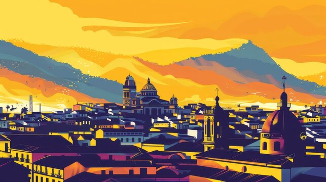 Scenic celebration of ecuadorian independence day with vibrant cityscape and mountain backdrop. Horizontal banner. Copy space. Flat illustration. Postcard from Quito - Powered by Adobe