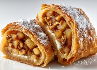 Freshly Baked Apple Pastry with Nuts and Creamy Filling, Dusting of Powdered Sugar on Flaky Croissant Style Dough, Delicious Dessert Delight