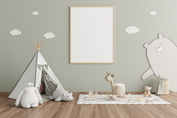 Obraz premium Vertical Poster Frame Mockup in Kids Playroom with Tent, Toys, and Bear Wall Decoration on Green Wall Background