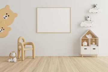 Horizontal Poster Frame Mockup in Minimal Kids Room with Lion Toy, Small Chair and White Wall for Nursery Decor