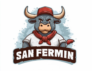 fondo  de acuarela abstracto conceptual de las fiestas de San Fermin con inscripcion en rojo y toro negro con pañuelo rojo al cuello y gorro sobre fondo blanco