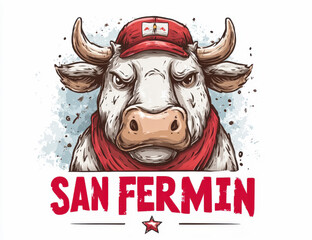 fondo  de acuarela abstracto conceptual de las fiestas de San Fermin con inscripcion en rojo y toro blanco con pañuelo rojo al cuello y gorra sobre fondo blanco