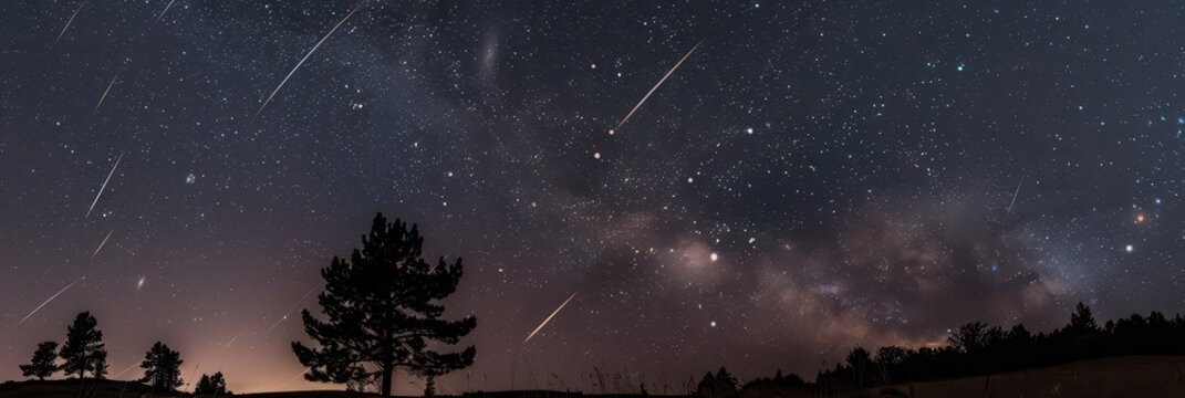 Perseids meteor shower captivating night sky with milky way and stars over landscape. Comet Swift-Tuttle. Horizontal banner. Free space for text. World Astronomy Day - Powered by Adobe