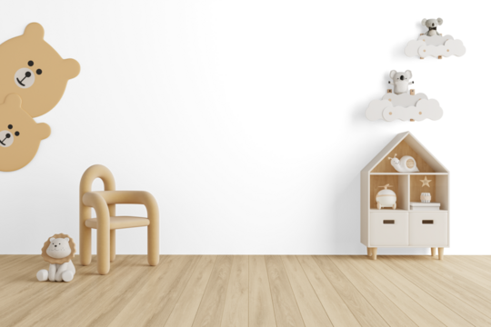 Scandinavian Kids Room PNG with Shadow - Modern Chair, Lion Plush Toy and Minimal Shelf on Wooden Floor for Mockup – Transparent Wall Mockup with Realistic Shadows – 3D render