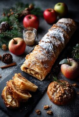 Freshly Baked Apple Strudel on Dark Slate Background with Cinnamon Sticks, Greenery, and Assorted Apples and Pastry Treats for Autumn Inspiration