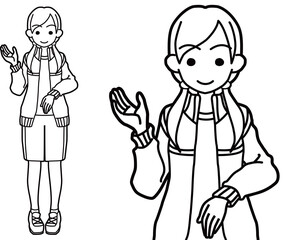 右手をあげて案内する体操服の女子高生線画