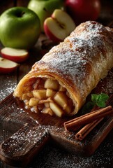 Freshly Baked Apple Strudel on Wooden Cutting Board Surrounded by Green and Red Apples and Cinnamon Sticks with Powdered Sugar Dusting