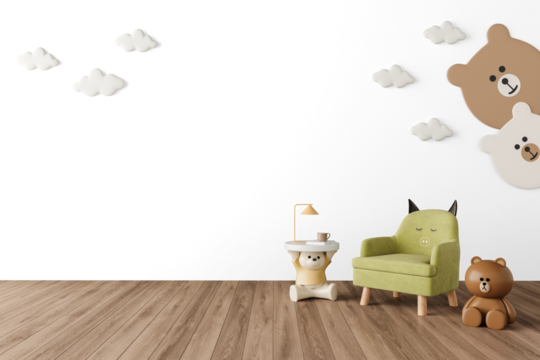 Cute Kids Corner PNG with Shadow - Green Armchair, Bear Shaped Side Table and Plush Brown Teddy Bear for Nursery Mockup – Transparent Wall Mockup with Realistic Shadows – 3D render