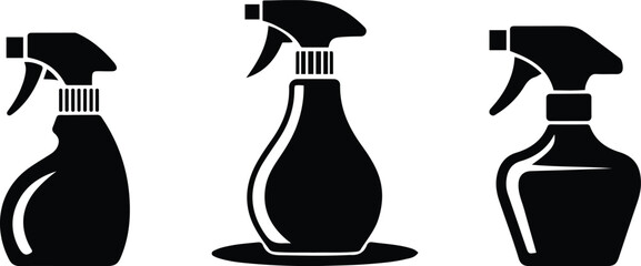 Spray Bottle Icons Set - Cleaning and Vector Silhouettes.