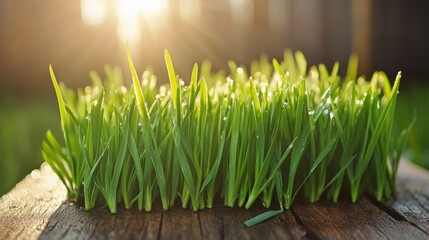 Fresh green grass sprouts on rustic wood, backlit by sunrise.