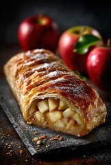 Freshly Baked Apple Strudel Surrounded by Red Apples on a Rustic Wooden Table with Sugar Dusting and Textured Background