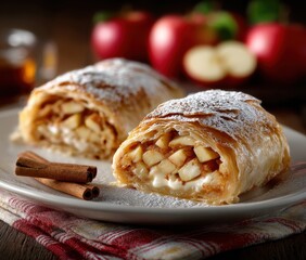 Freshly Baked Apple Strudel with Cinnamon and Powdered Sugar on a Wooden Table Surrounded by Red Apples and Warm Lighting