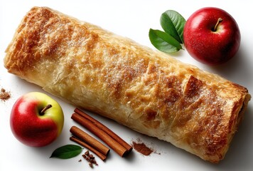 Freshly Baked Apple Strudel with Cinnamon and Red Apples on a White Background