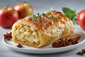 Freshly Baked Apple Strudel with Cinnamon and Star Anise, Served on a Plate Surrounded by Fresh Apples and Herbs, Perfect for Dessert Lovers and Food Photography