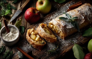 Freshly Baked Apple Strudel with Cinnamon Sticks and Green Apples on Wooden Board Surrounded by Herbs and Powdered Sugar
