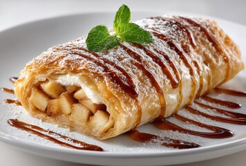 Freshly Baked Apple Strudel with Cream and Caramel Drizzle on White Plate Garnished with Mint Leaves