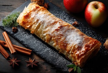 Freshly Baked Apple Strudel with Cinnamon, Anise, and Decorative Greenery on Wooden Background with Red Apples and Spices