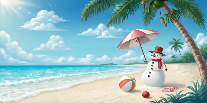 Cartoon snowman enjoys a tropical beach vacation under a sun umbrella with a beach ball nearby