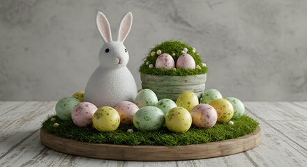 Easter Bunny Decor A charming arrangement featuring a white bunny statue, colorful Easter eggs, and lush green moss, perfect for springtime celebrations.