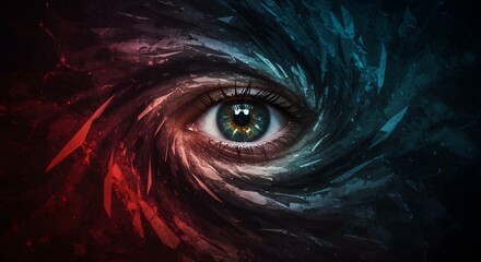 Intriguing eye illustration with swirling shapes in red and blue, creating a captivating visual of perception, emotion, and observation.