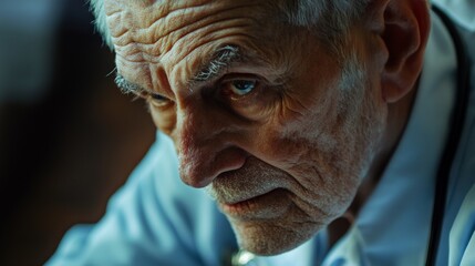 An elderly man with a serious expression, looking down.