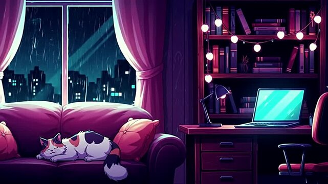 Stream Starting Soon &ndash; Cozy Lo-fi Anime Living Room in Rain with Neon Cyan Purple Lighting &ndash; Loop VTuber Background