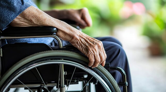 An elderly person's hand rests on the armrest of a wheelchair, surrounded by a serene, blurred garden backdrop. - Powered by Adobe