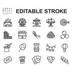 Amusement park icons collection. Thin line style vectors. Contains icons such as carousel, street food, tickets and more.