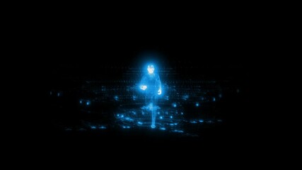 Glowing blue hologram of a running man on a HUD interface. Sci-fi concept for virtual fitness, biometric data, sports science, AI, and future technology health tracking - Powered by Adobe