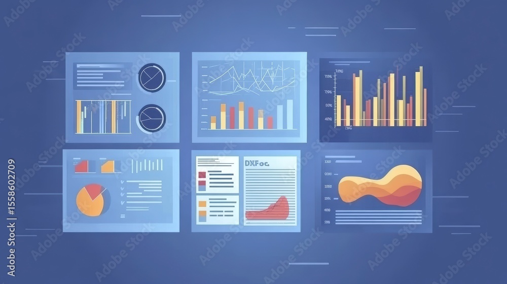 Poster Data visualization dashboard displays various charts and graphs, including bar charts, pie charts, line graphs, and more.