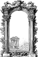 Ancient roman archway with laurel leaves and stone cracks for historical design