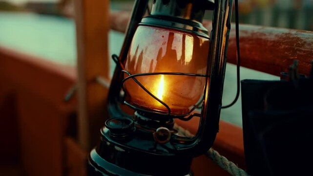 Kerosene lamp hanging on a boat railing, illuminating the evening