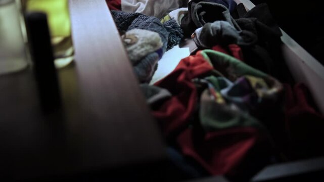 Man in black gloves opens a dresser drawer and frantically rummaging through it