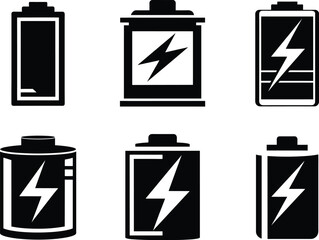 battery icon silhouette set, energy symbol vector, power cell illustration