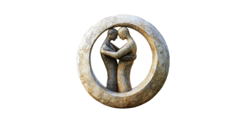 Abstract Stone Sculpture Of Embracing Figures In Circular Frame. Symbolizes Unity And Connection Isolated On Transparent Background