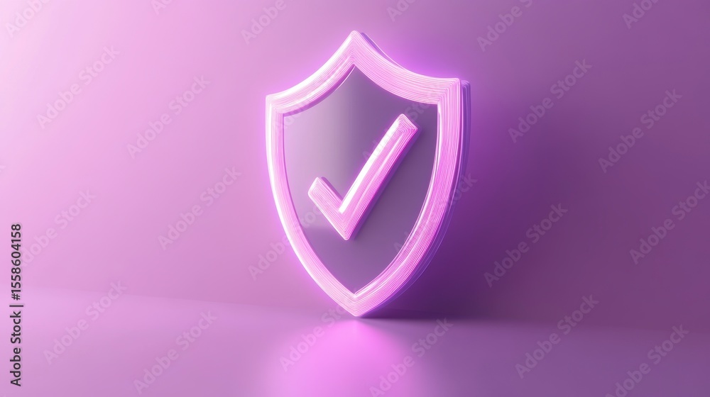 Poster 3D render of a pink shield with a checkmark, symbolizing security and protection.