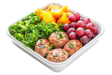 Healthy Meal Prep Container with Meatballs Kale Roasted Butternut Squash and Red Grapes isolated on a transparent background