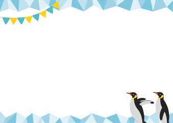 2匹のペンギンと氷の横型のフレームイラスト_青
