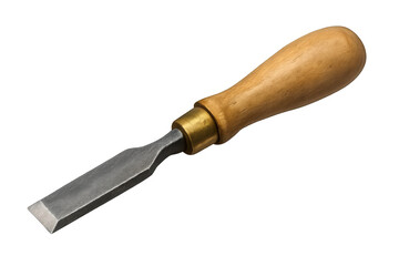 Obraz premium Wooden-handled chisel featuring sharp cutting edge, positioned against neutral backdrop with professional woodworking precision