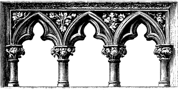 Gothic architectural frame with pointed arches and rose window design for vintage decor