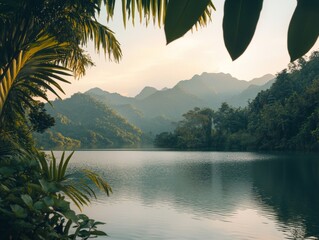 Lake surrounded by tropical flora and misty mountains in sunrise or sunset light.