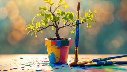 A small green plant in a colorful painted pot with art brushes and spilled paint