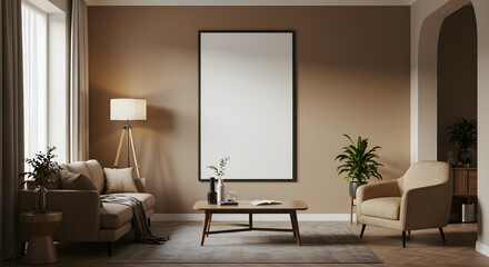 Contemporary living room interior with a large blank vertical poster frame, perfect for showcasing custom artwork or motivational quotes, embodying modern home decor and serene domestic aesthetics.