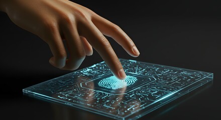 Advanced biometric authentication through a glowing digital fingerprint interface, representing secure access, identity verification, and data protection technology.