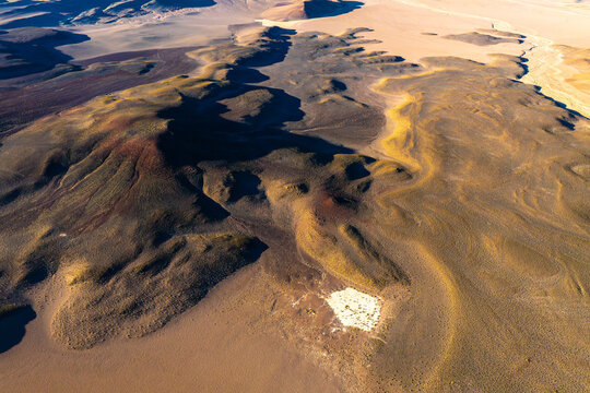 Aerial view of volcanic lands in La Puna, Argentina